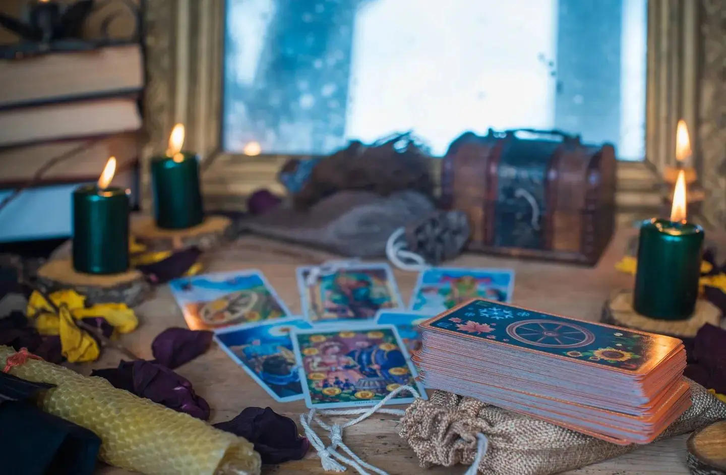 A table with cards and a candle on it
