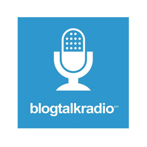 A blue square with the words blogtalk radio written in white.